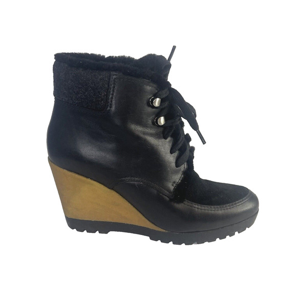 Cole Haan Waterproof Henson Wedge Black Leather Shearling Genuine Sheep Size 7.5 - Picture 1 of 15
